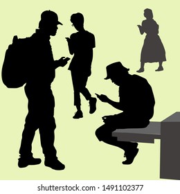 Vector silhouettes of different age people. A man with a backpack a girl are standing with a phone in their hands. A guy in panama sits looking at his cell phone. The boy goes and looks at the phone.