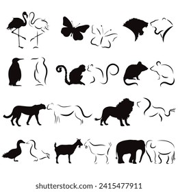 Vector silhouettes of different animals on a white background. Symbols domestics and wild animal.