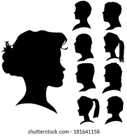 Vector silhouettes of different faces in profile.