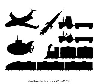 The vector silhouettes of the different kinds of the modern transport isolated in white, set.