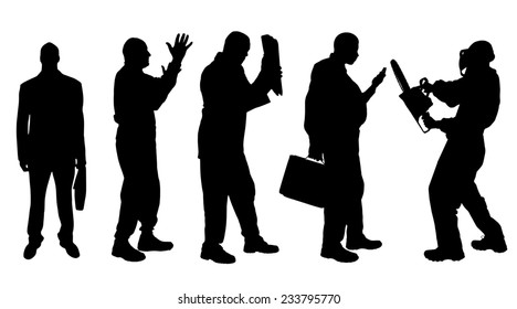 Vector silhouettes of different men on a white background.