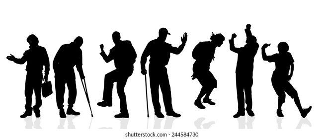 Vector silhouettes of different men on a white background.