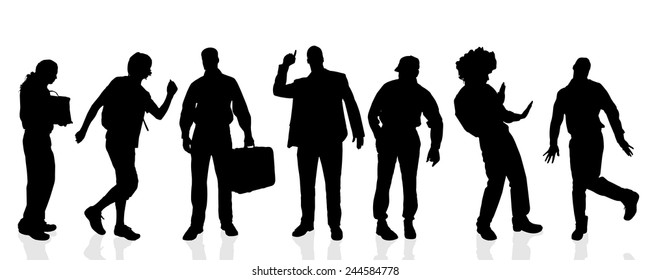 Vector silhouettes of different men on a white background.