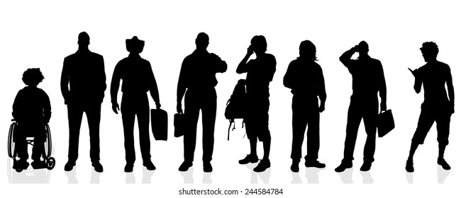 Vector silhouettes of different men on a white background.