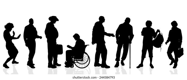 Vector silhouettes of different men on a white background.