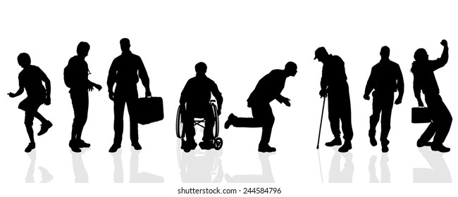 Vector silhouettes of different men on a white background.