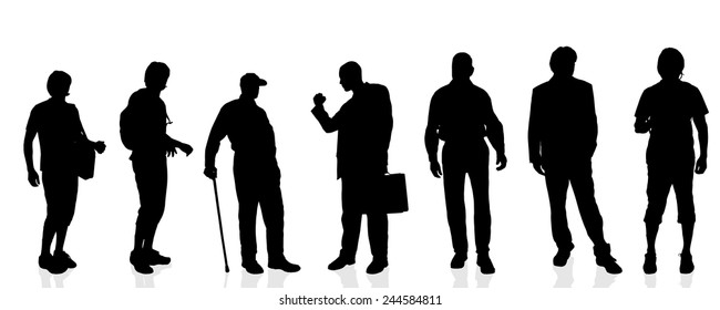 Vector silhouettes of different men on a white background.