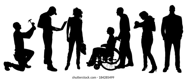 Vector silhouettes of different people on a white background.