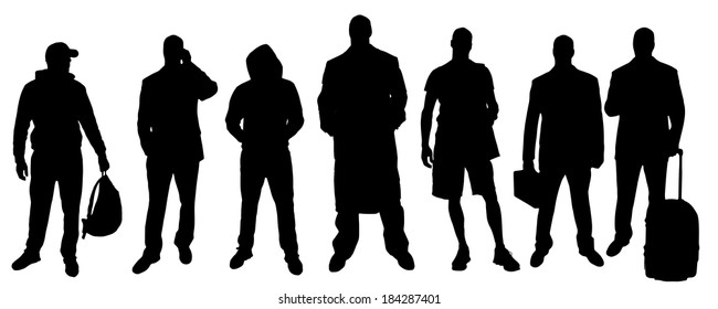 Vector silhouettes of different people on a white background.