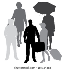 Vector silhouettes of different people on a white background.