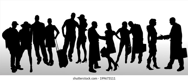 Vector silhouettes of different people on a white background.
