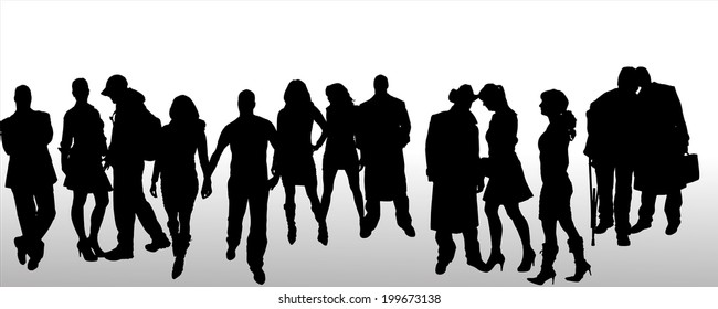 Vector silhouettes of different people on a white background.