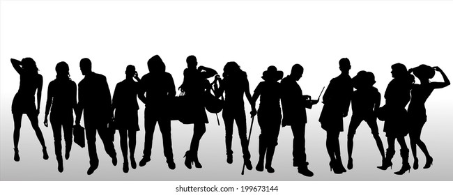 Vector silhouettes of different people on a white background.