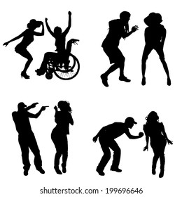 Vector silhouettes of different people on a white background.