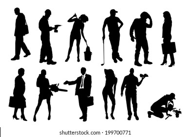 Vector silhouettes of different people on a white background.