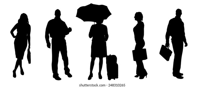 Vector silhouettes of different people on a gray background.