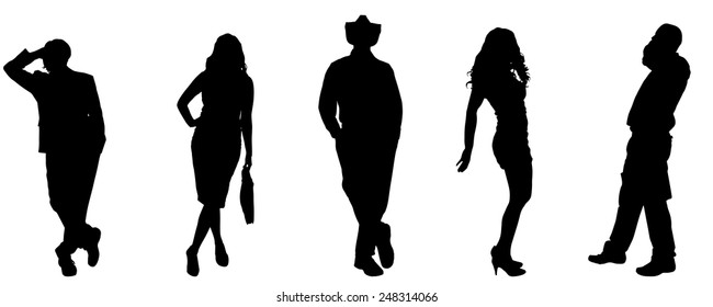 Vector silhouettes of different people on a gray background.