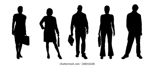 Vector silhouettes of different people on a gray background.