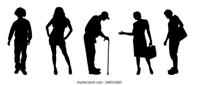 Vector silhouettes of different people on a gray background.