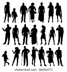 Vector silhouettes of different people on a white background.