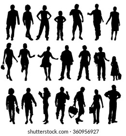 Vector silhouettes of different people on a white background.