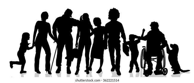 Vector silhouettes of different people on a white background.