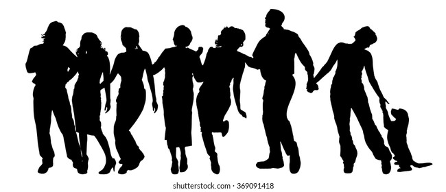 Vector silhouettes of different people on a white background.