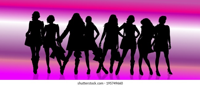 Vector silhouettes of different women on a pink background with stripes.