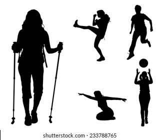 Vector silhouettes of different women in different sports.