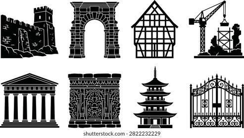 Vector silhouettes of diverse architectural structures including castles, temples, pagodas, gates, and construction elements. Perfect for creative projects illustrating history, culture, architecture, and design concepts.
