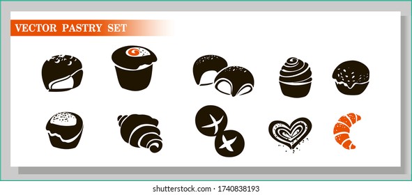 Vector silhouettes of donut, roll, croissant, buns.Bundt Cake.Sweet Muffin.Croissant.Roll with  icing.Pastry.Poppy seed bun.Butter roll.Confectionery.Cupcake.Sweet Pastries Isolated.