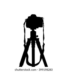 Vector Silhouettes Of Dslr Photo Camera On Tripod Isolate On White Background.