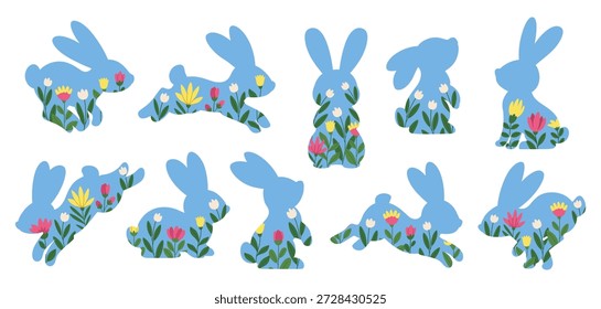 Vektor Silhouetten von Osterhasen mit Blumen. Blumenfrühlingshasen in verschiedenen Posen. Formen für Oster- und Frühlingsdesign. Einzeln auf weiß.
