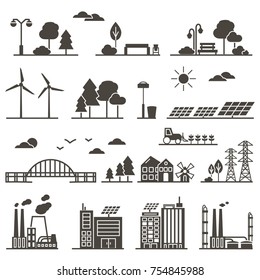 Vector Silhouettes of Eco City in Linear Style - solar panels, wind turbines, green house, energy generator and factory. Ecology and environment concept illustration.