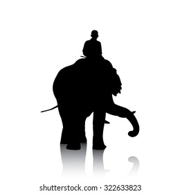 Vector silhouettes of elephant and mahout young boy on white background