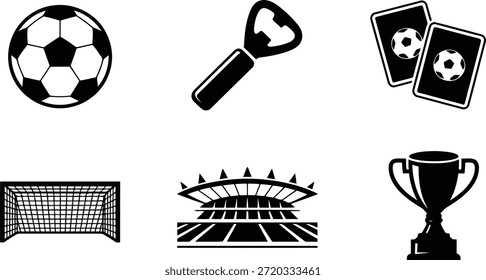 Silhuetas vetoriais de itens e símbolos essenciais de futebol, perfeitas para promoções de eventos esportivos ou gráficos de equipe.