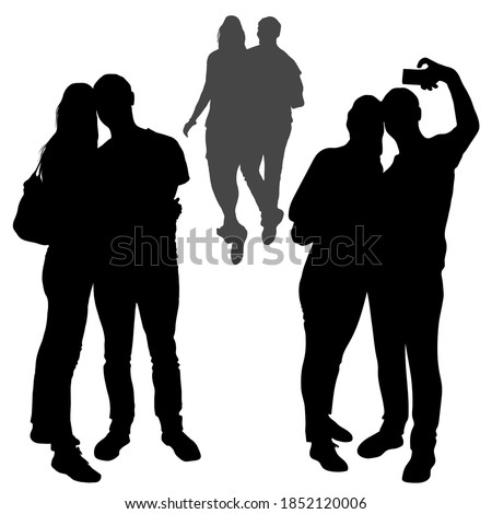 Vector silhouettes of a family couple a guy and a girl make selfies. A loving couple is embracing. Figures of woman and man receding into the distance, isolated white background stand in full growth.