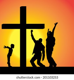 Vector silhouettes of family at the Cross at sunset.