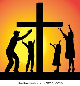 Vector silhouettes of family at the Cross at sunset.