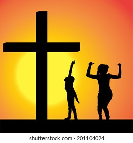Vector silhouettes of family at the Cross at sunset.