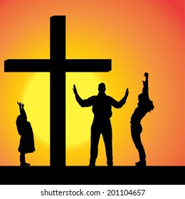 Vector silhouettes of family at the Cross at sunset.