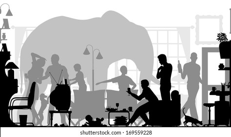 vector silhouettes of a family gathering in a living room with an elephant in the background