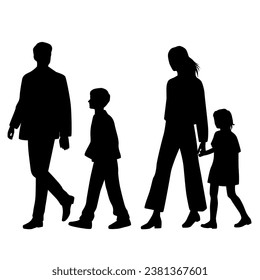 Silhouettes vectoriales de familia, hombre, mujer, niño y niña caminando, perfil, personas, color negro, aislado en fondo blanco