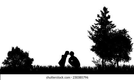 Vector silhouettes of family in nature on white background.