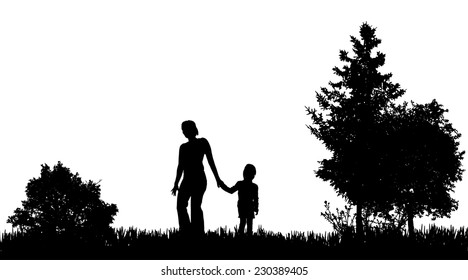 Vector silhouettes of family in nature on white background.