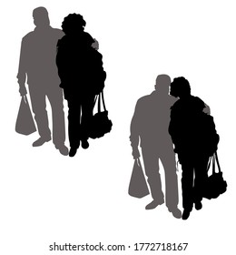 Vector silhouettes of a family not a young couple, a man and a woman with bags in hands are standing in full growth, a man hugged a woman by the shoulders. Pensioners on a walk.
  Adults people.