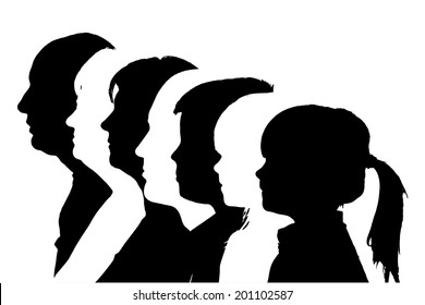 Vector silhouettes family in profile on white background.
