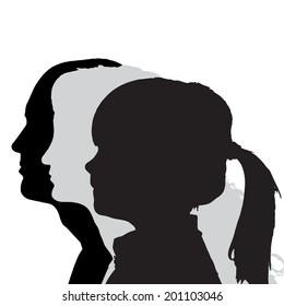 Vector silhouettes family in profile on white background.