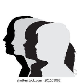 Vector silhouettes family in profile on white background.
