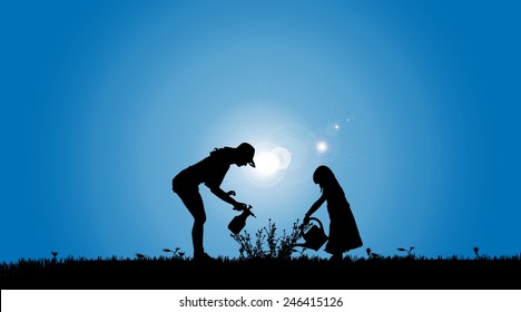 Vector silhouettes of family working in the garden.